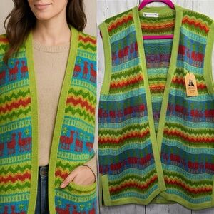 Alpaca Fina Knit Llama Vest Colorful Artisan Sweater Vest Boho Cozy Open Front